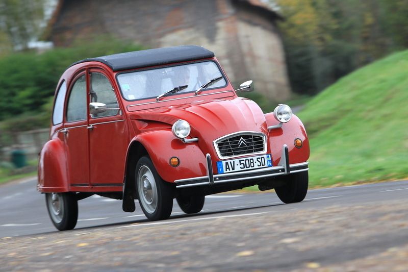 A red 2HP Citroen